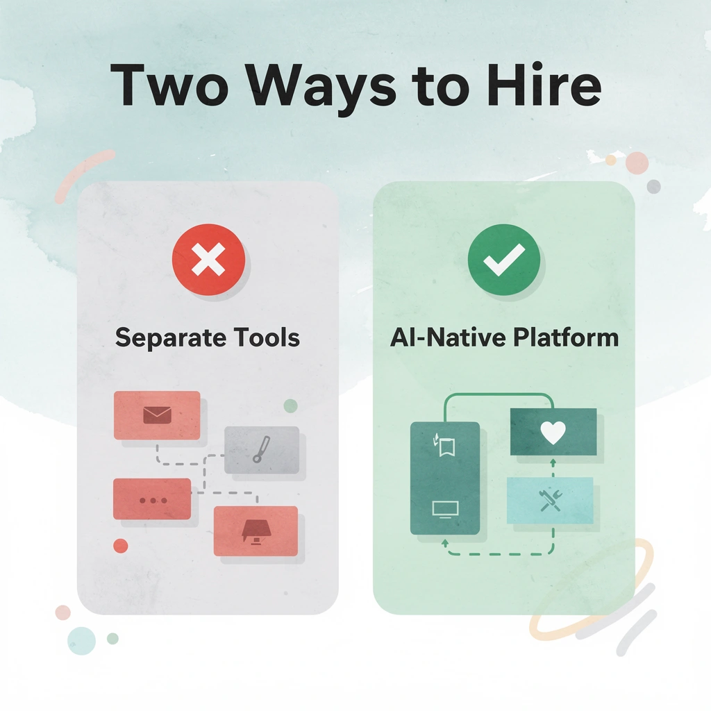 Before and after comparison of fragmented hiring tools versus an AI-native platform