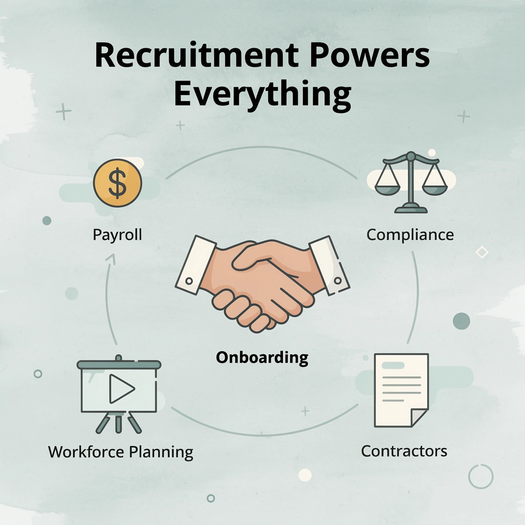 Hub and spoke diagram showing recruitment connected to onboarding, payroll, compliance, contractors, and workforce planning