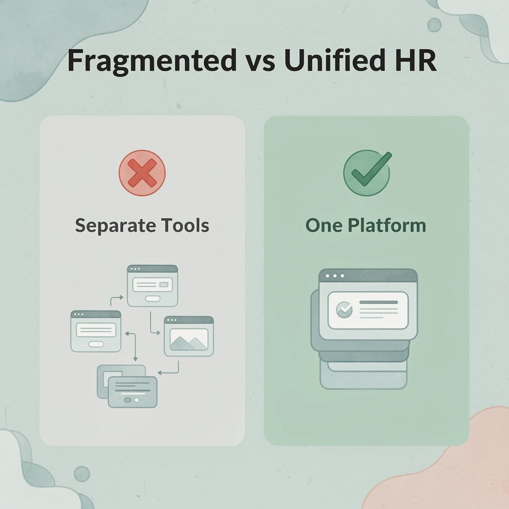 Before and after infographic comparing fragmented HR tools versus a unified platform