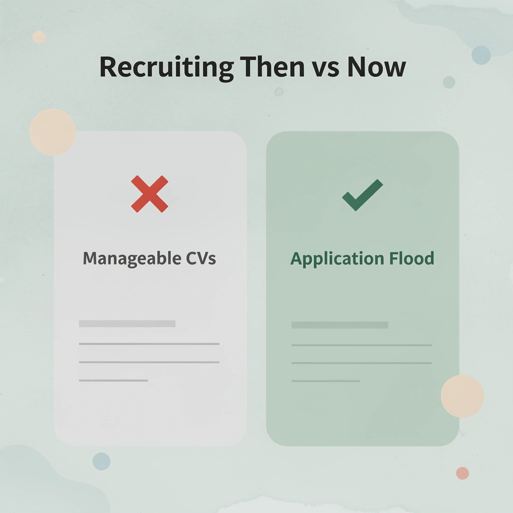 Before and after infographic showing the shift from manageable CV volumes to overwhelming application floods in modern recruiting