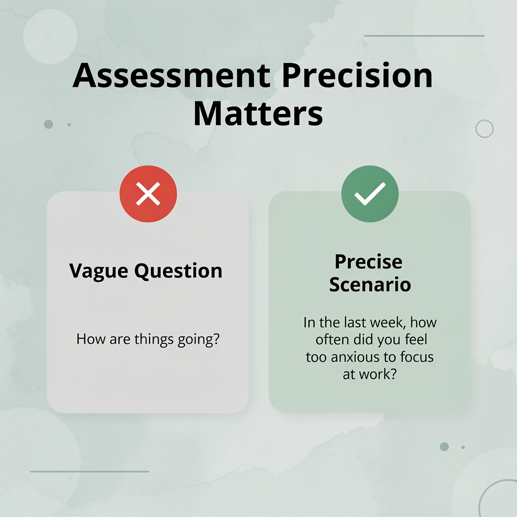 Before and after infographic comparing vague assessment questions to precise role-specific scenarios