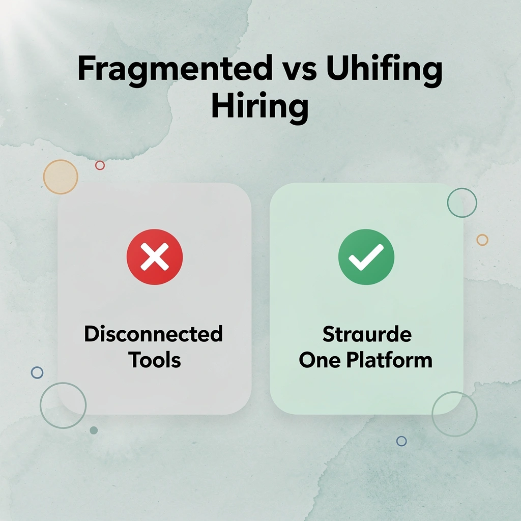 Before and after infographic showing fragmented hiring tools versus a unified HR platform