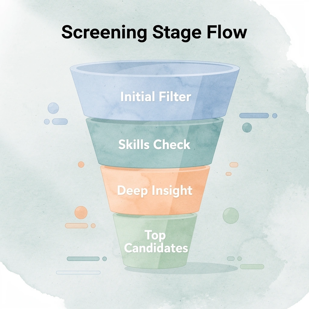 Funnel infographic showing four sequential screening stages narrowing down to top candidates