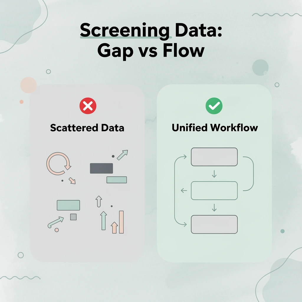 Before and after infographic showing disconnected screening data versus a unified workflow