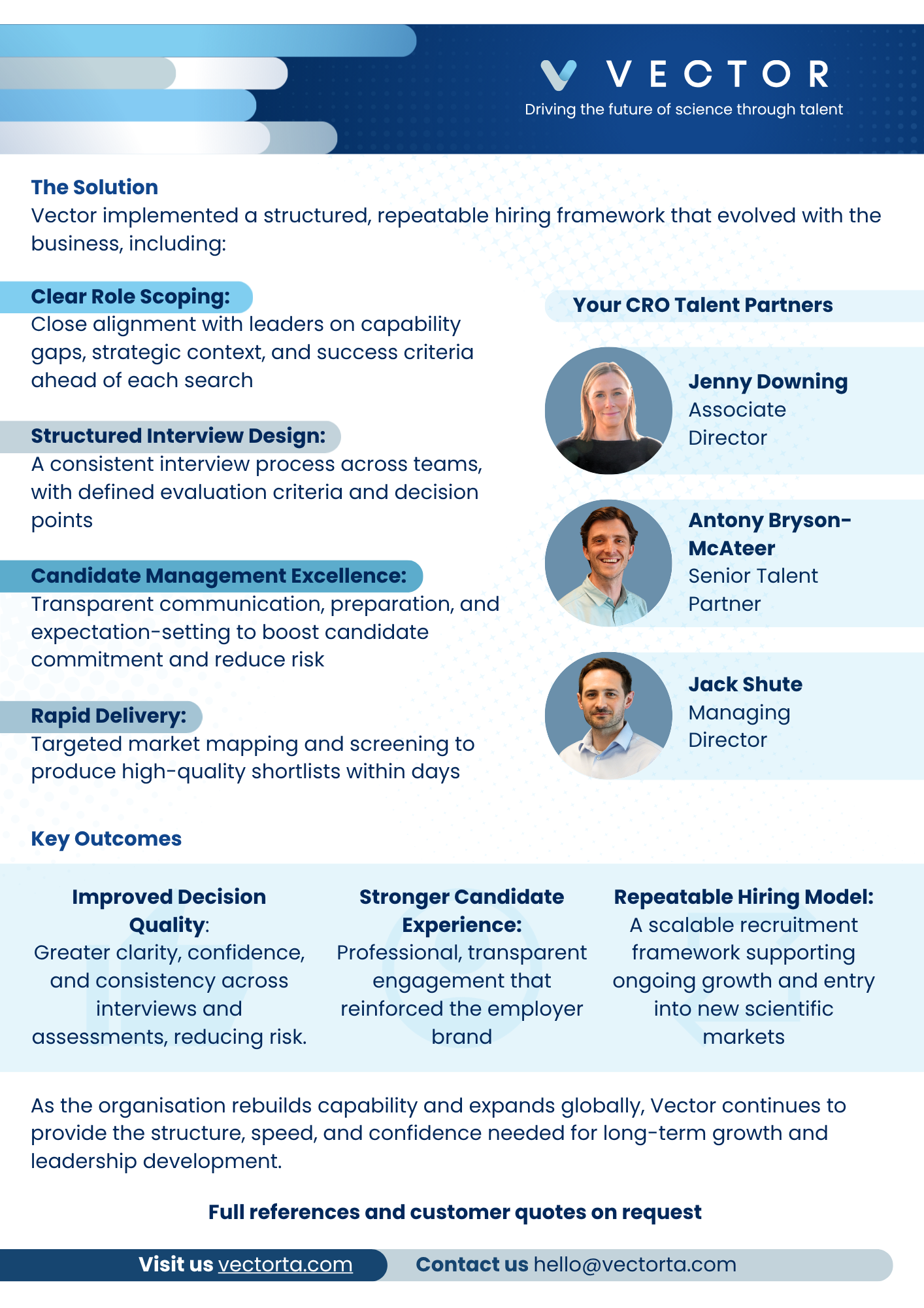 CRO recruitment case study outlining Vector’s structured hiring framework, including role scoping, structured interviews, candidate management and rapid delivery, resulting in improved decision quality and candidate experience.