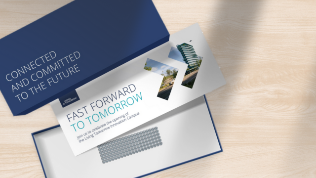 Een visuele weergave van de nieuwe positionering van Living Tomorrow, met een moderne en toekomstgerichte uitstraling.