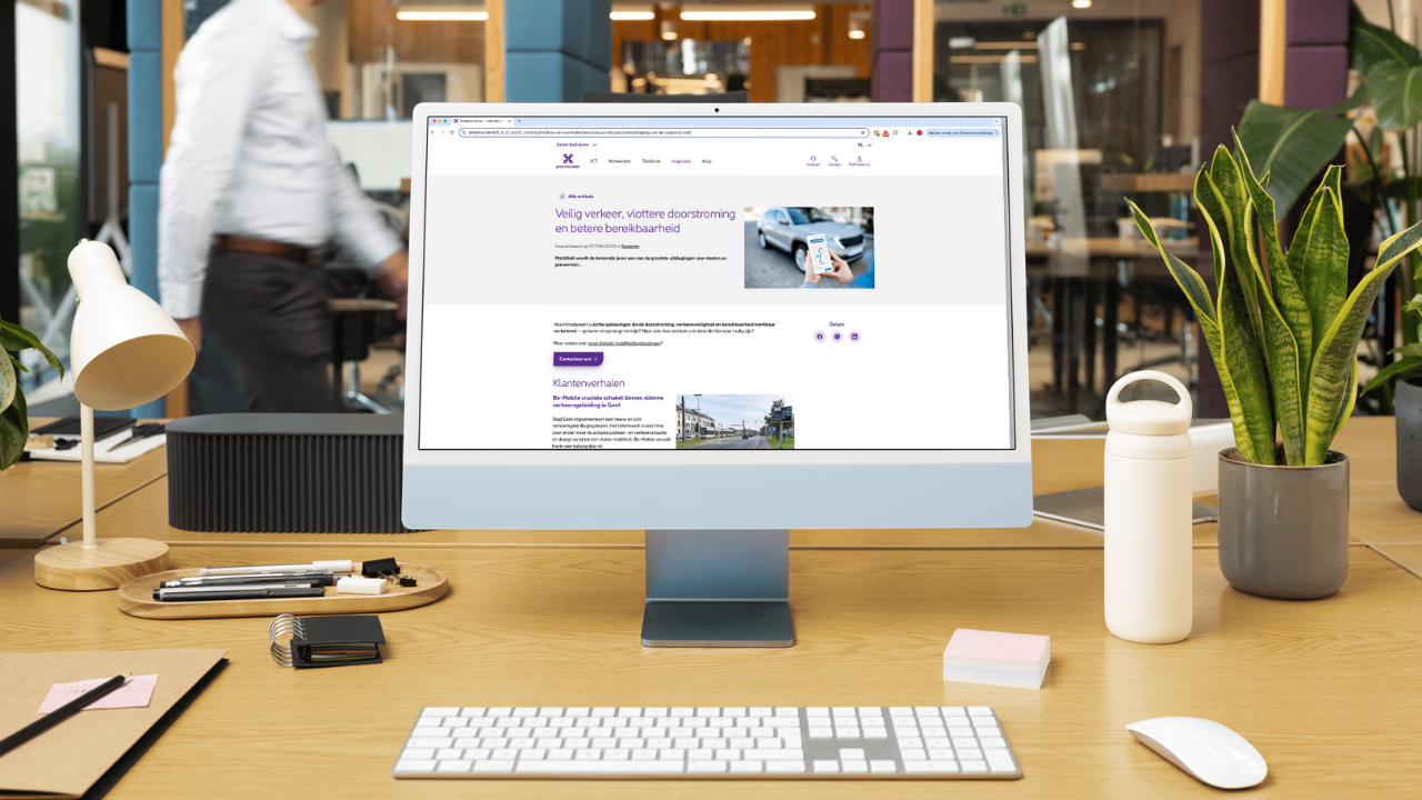 Een overzichtelijke landingspagina van Proximus met een thematische focus op mobiliteit en publieke dienstverlening.