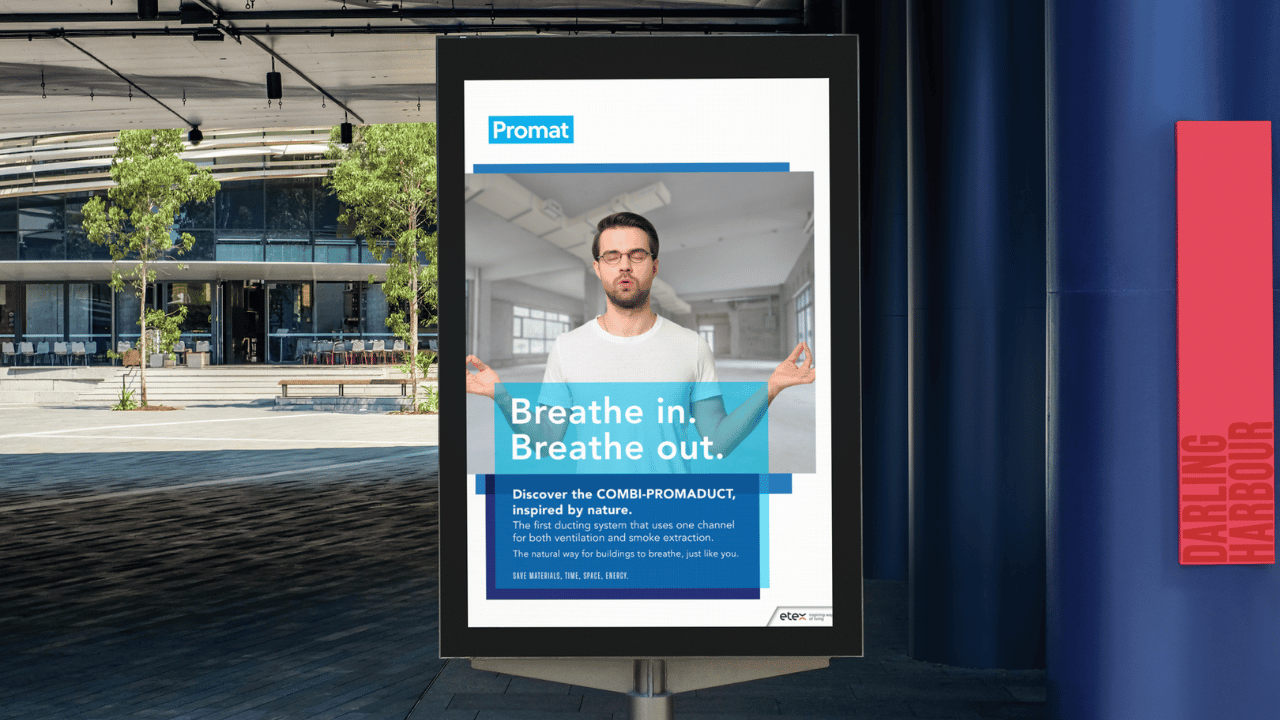 Impactvolle poster voor Promat, een merk van Etex, met heldere communicatie over fire stopping materialen voor een internationale mark