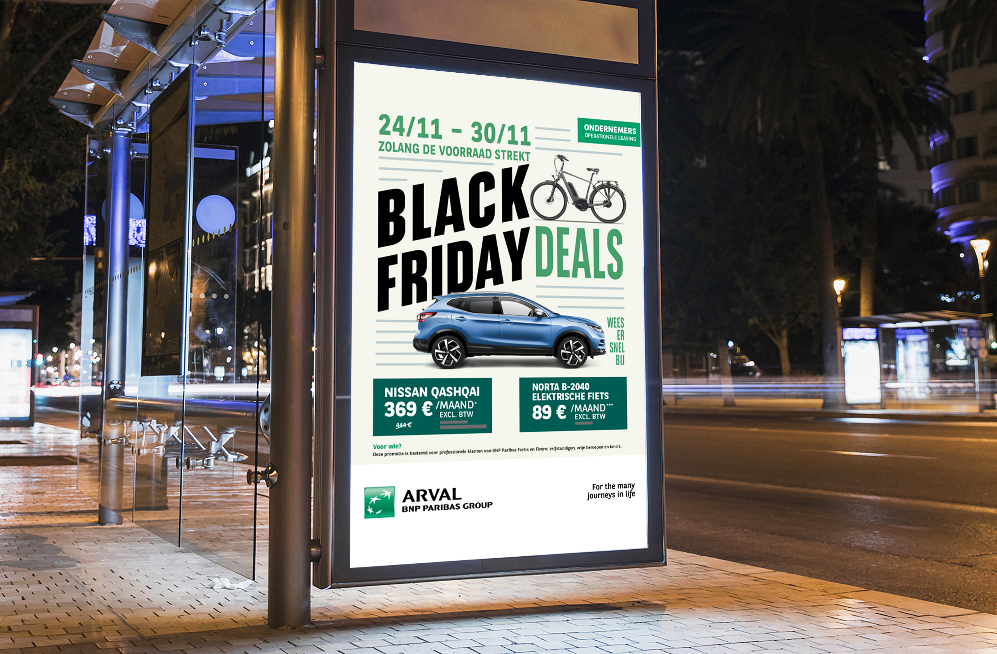 Sterke campagnevisual voor Arval, ontworpen door Umbau, met een herkenbare en consistente merkuitstraling binnen de huisstijl van BNP Paribas.
