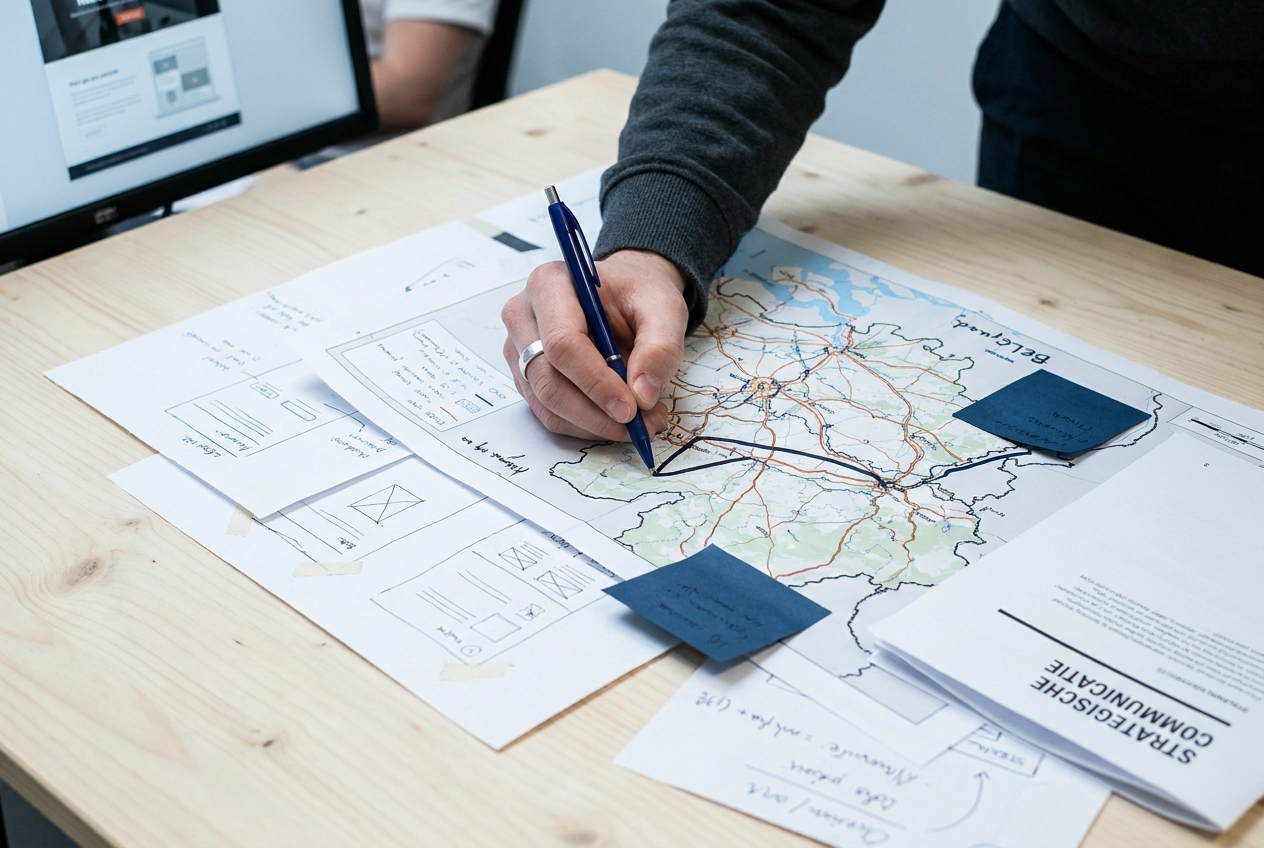 Hand tekent een route op een kaart van België tussen strategienotities: een marketingplan voor 2027 uitstippelen