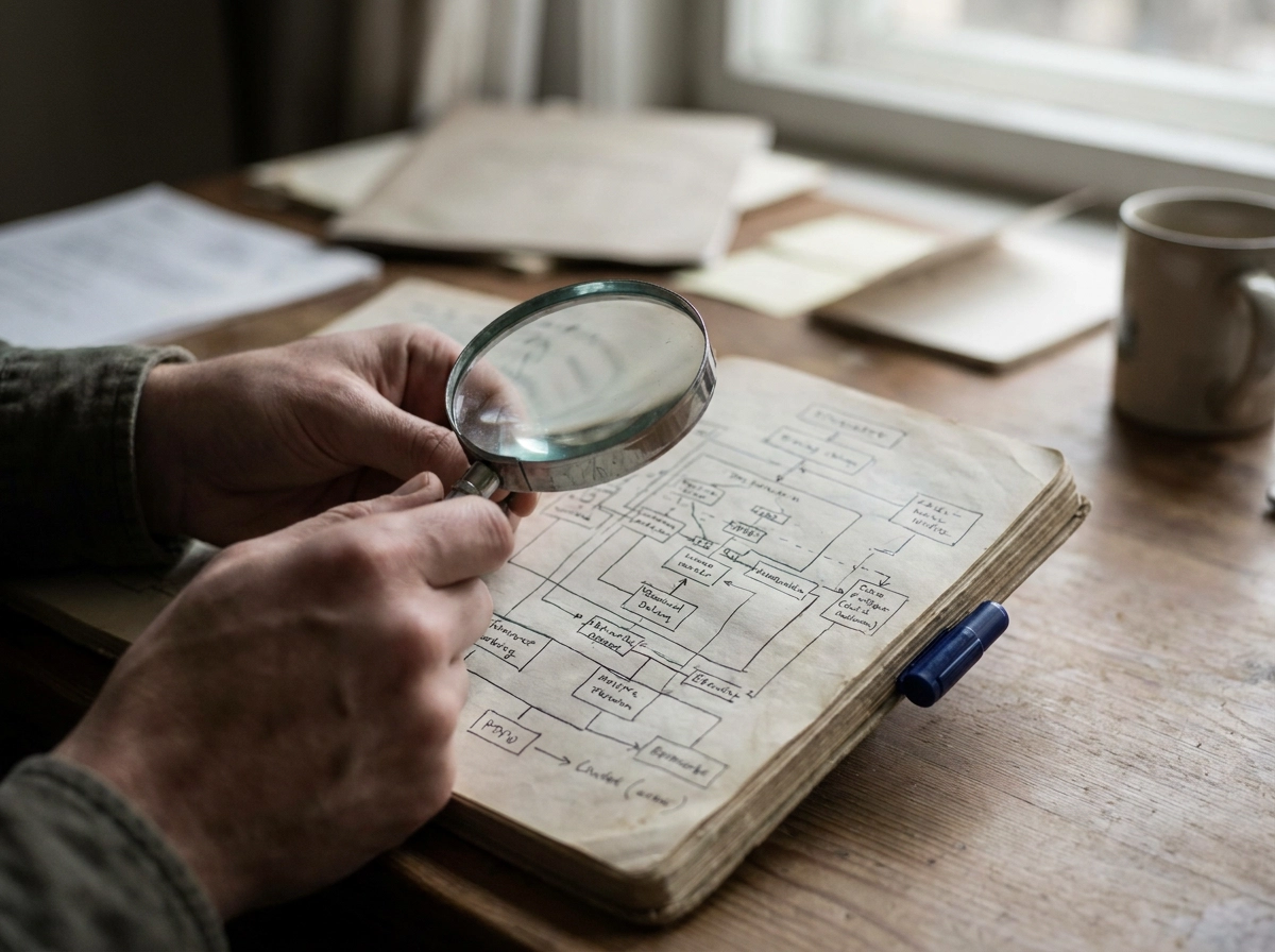 Handen bekijken een procesdiagram met een vergrootglas: onderzoeken waarom ChatGPT een concurrent noemt