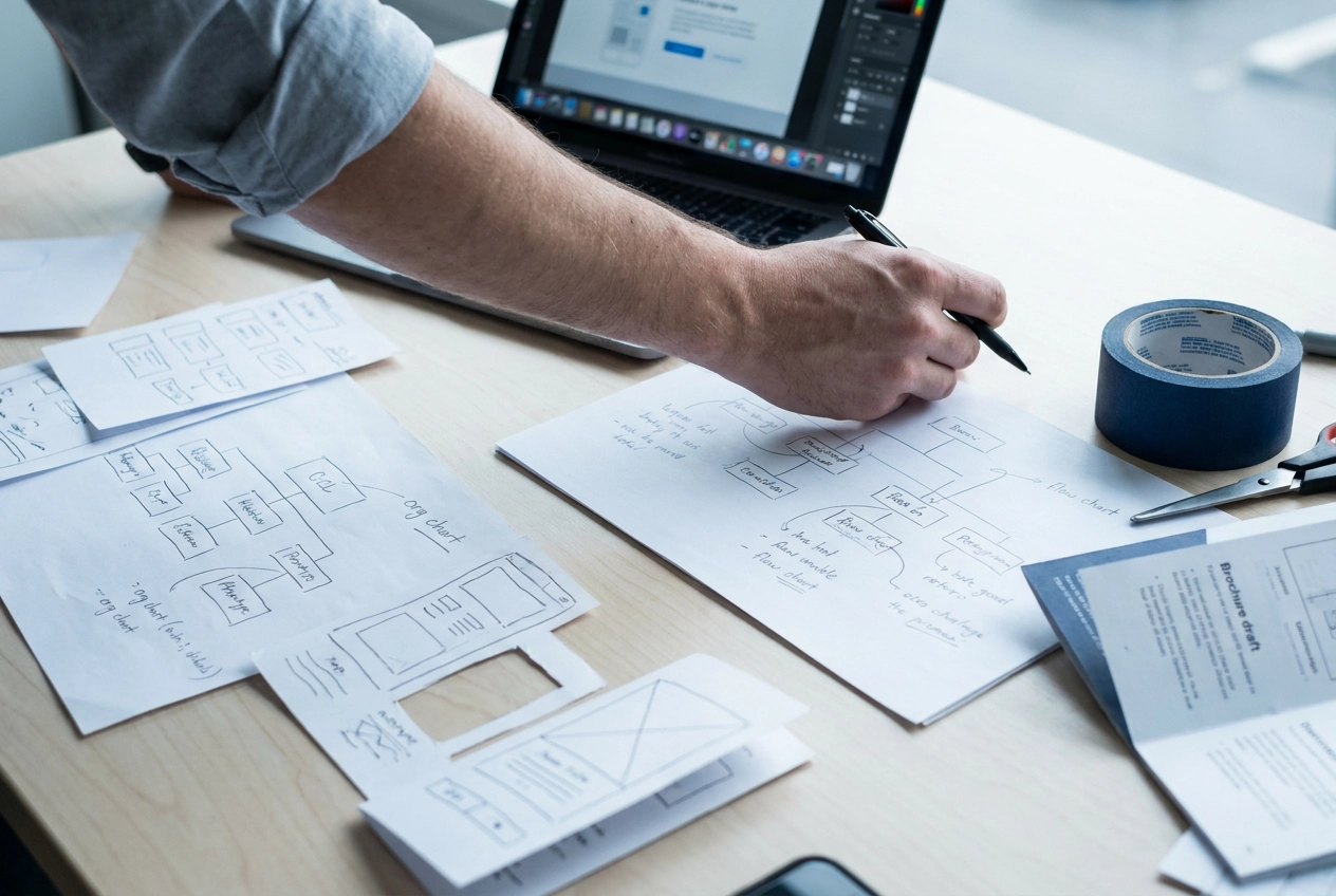 Hand tekent een flowchart naast een laptop en wireframe-schetsen: regie over een campagne