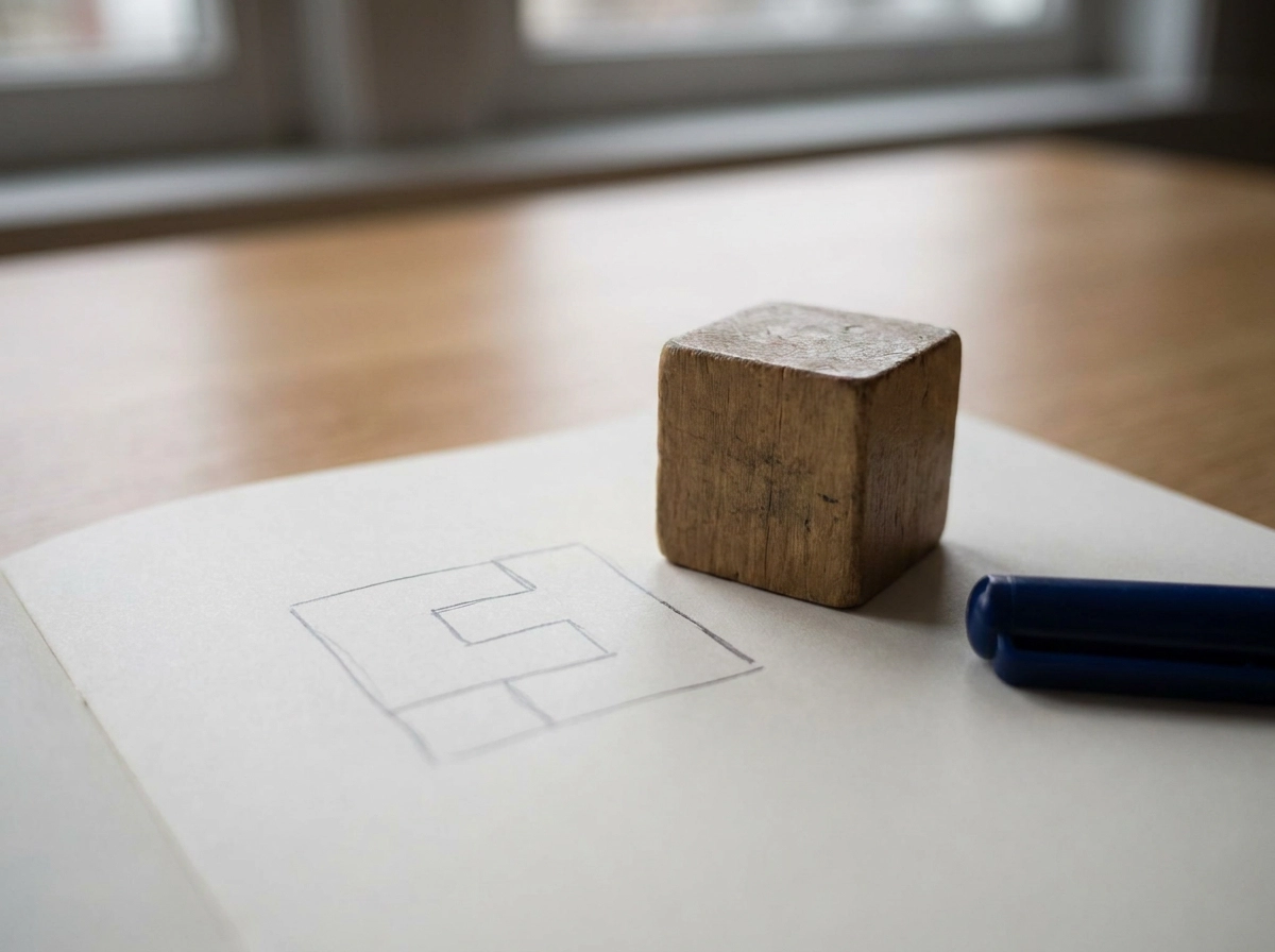 Houten kubus naast een schets van een 3D-vorm en een pen: groei die blijft plakken opbouwen