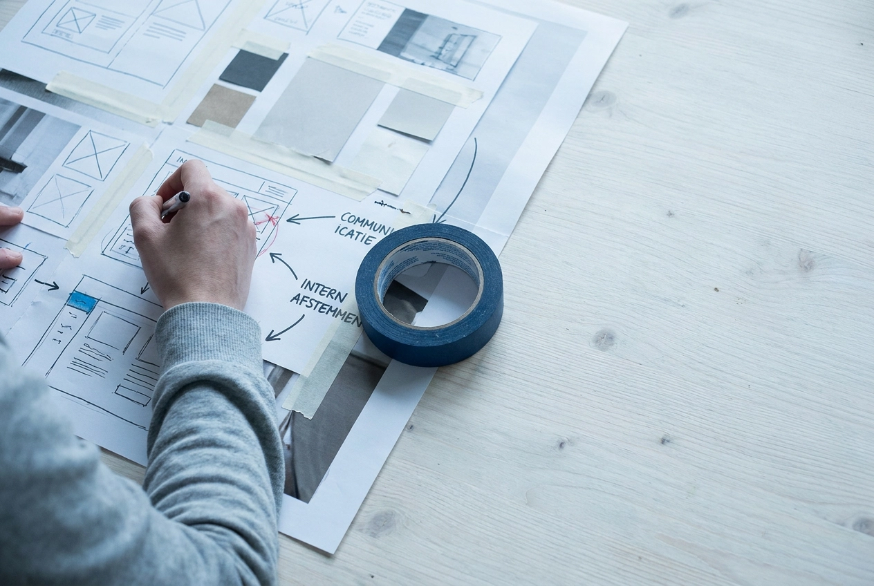 Hand tekent wireframes met post-its Communicatie en Intern afstemmen: een campagne die uit een gesprek ontstaat