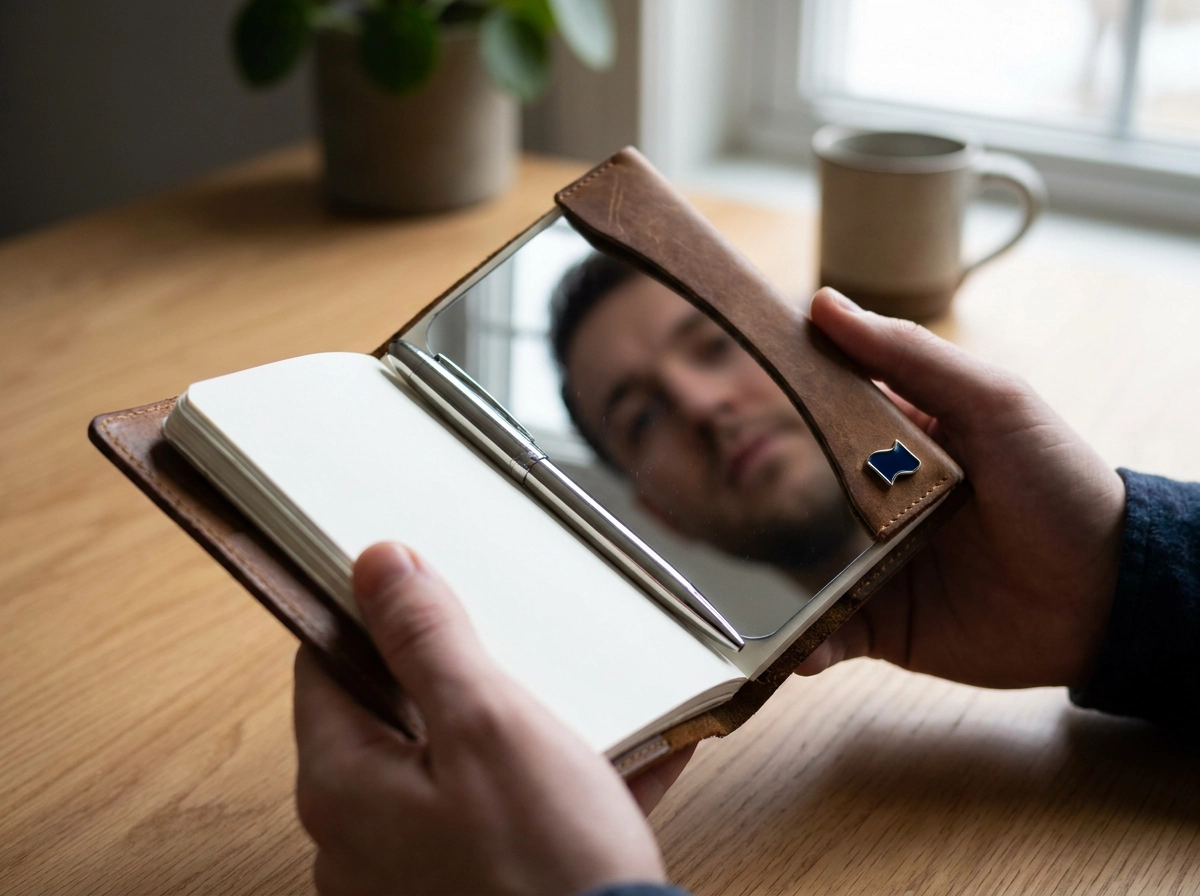 Handen houden een notitieboekje met ingebouwde spiegel en pen vast: een herkenbare stem op social