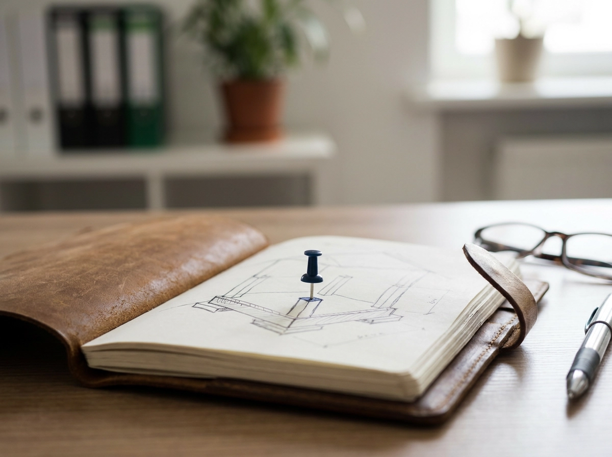 Notitieboekje met een architectuurschets en een punaise, naast een leesbril: een technisch product helder uitleggen