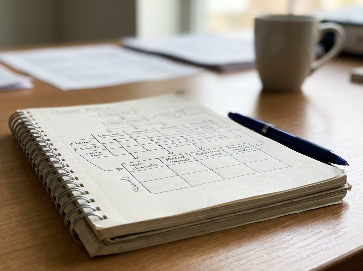 Notitieboek met een handgetekende matrix voor kanaalkeuze: leadgeneratie krijgt er een kanaal bij