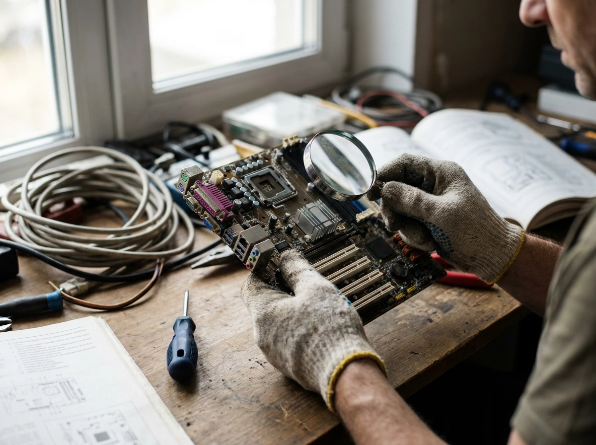 Technicus onderzoekt een computer-moederbord met een vergrootglas: je website AI-proof maken