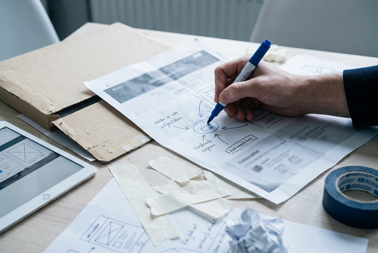 Hand tekent op een wireframe-schets naast een tablet met een website-ontwerp: een landingspagina die converteert