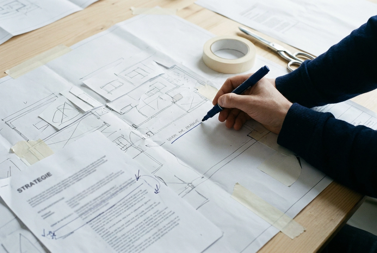 Hand tekent een plattegrond naast een document met de titel Strategie: structuur geeft goede ideeën ruimte