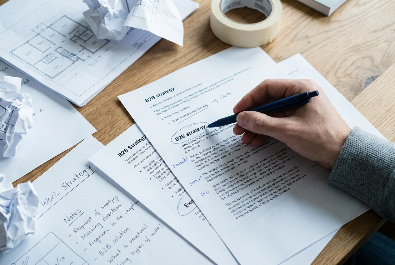 Hand schrijft aantekeningen op papieren met de titel B2B strategy en Work Strategy: wat een communicatiebureau strategisch maakt
