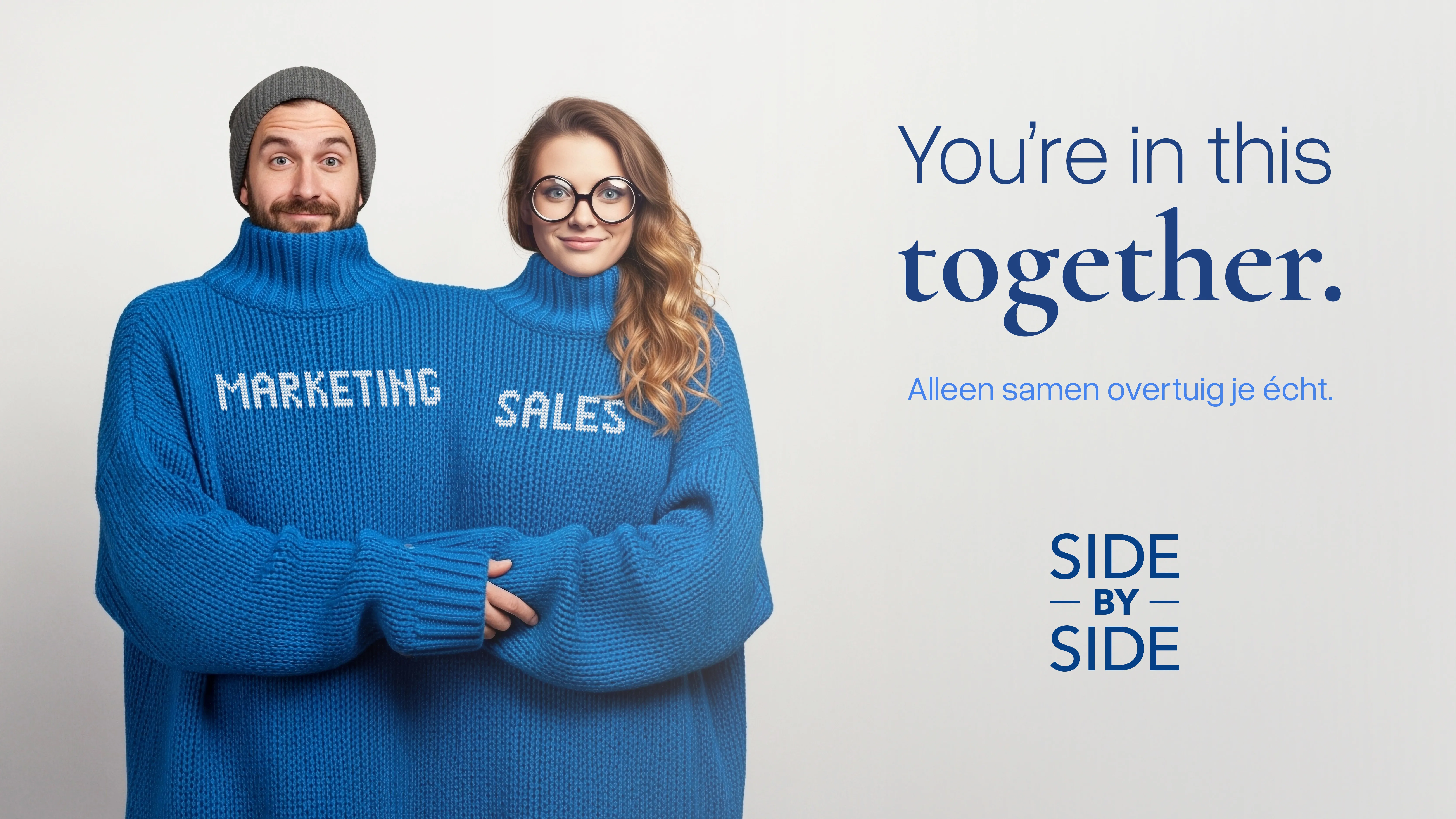 Side by Side campagnebeeld: twee mensen in een blauwe trui met opschrift Marketing en Sales