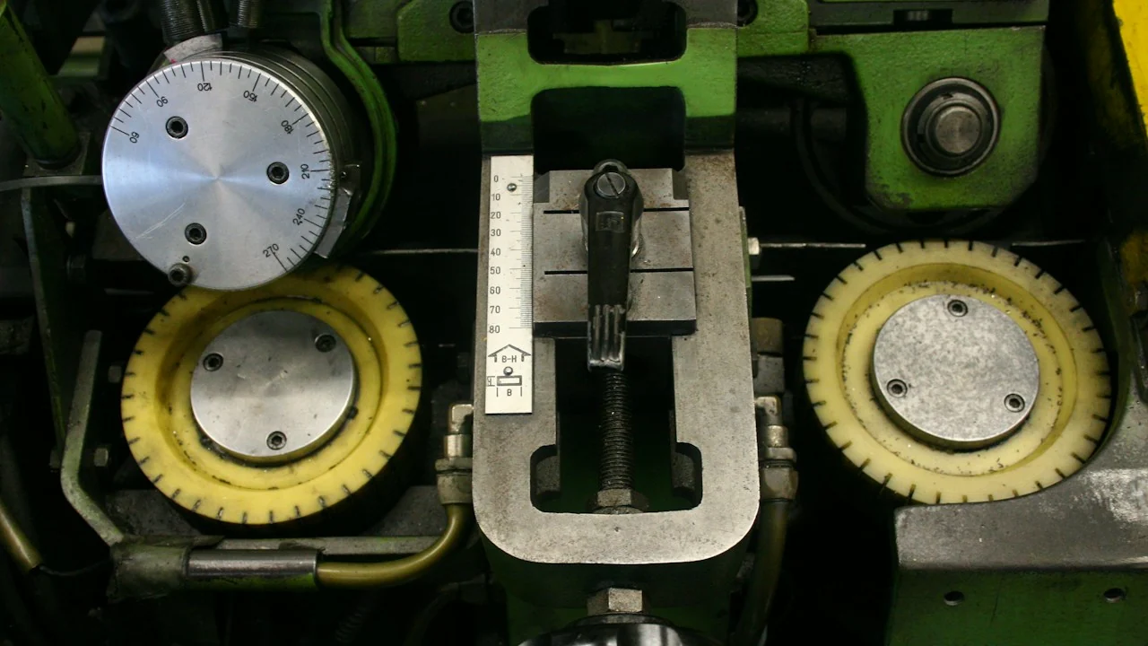 Detail van tandwielen en meetinstrumenten van een industriële machine