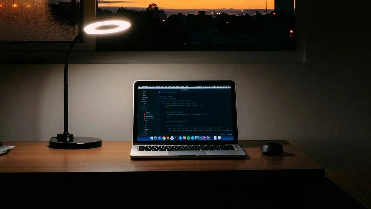 Laptop op een bureau bij een raam
