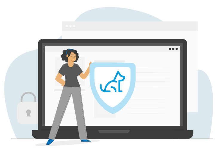 Person steht vor einem Laptopbildschirm mit einem Schildsymbol, das einen Hund darstellt, als Zeichen für PC-Schutz.