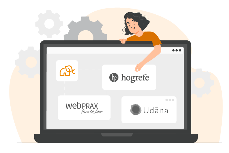 Illustration einer Person, die über einem Laptop mit Logos von Elefant, Hogrefe, webPRAX und Udāna steht, umgeben von Zahnrädern.
