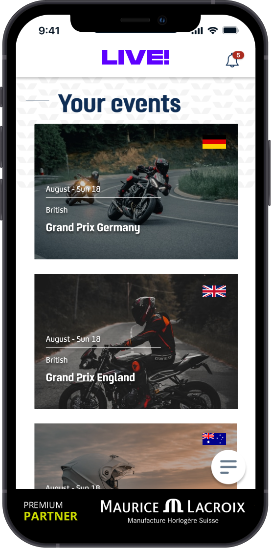 A screen of the Live app showing the events
