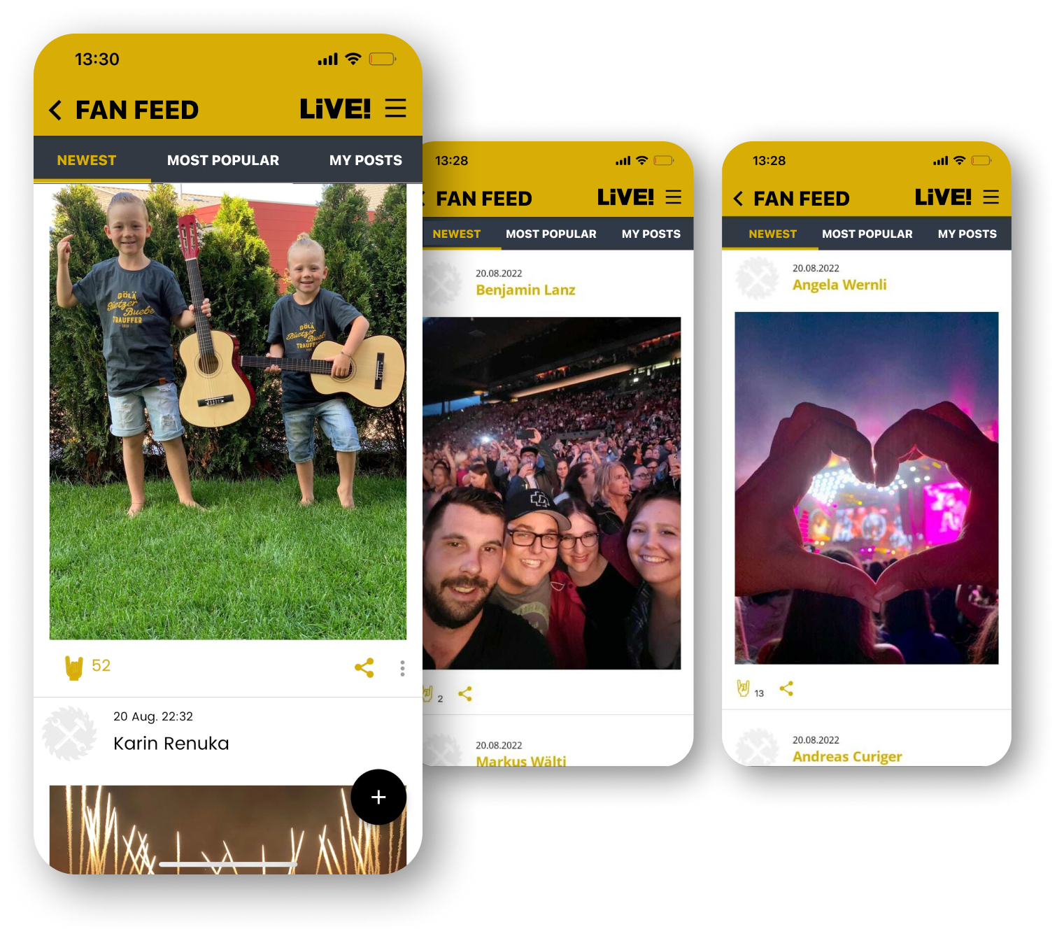  Three images showing a timeline with images of fans