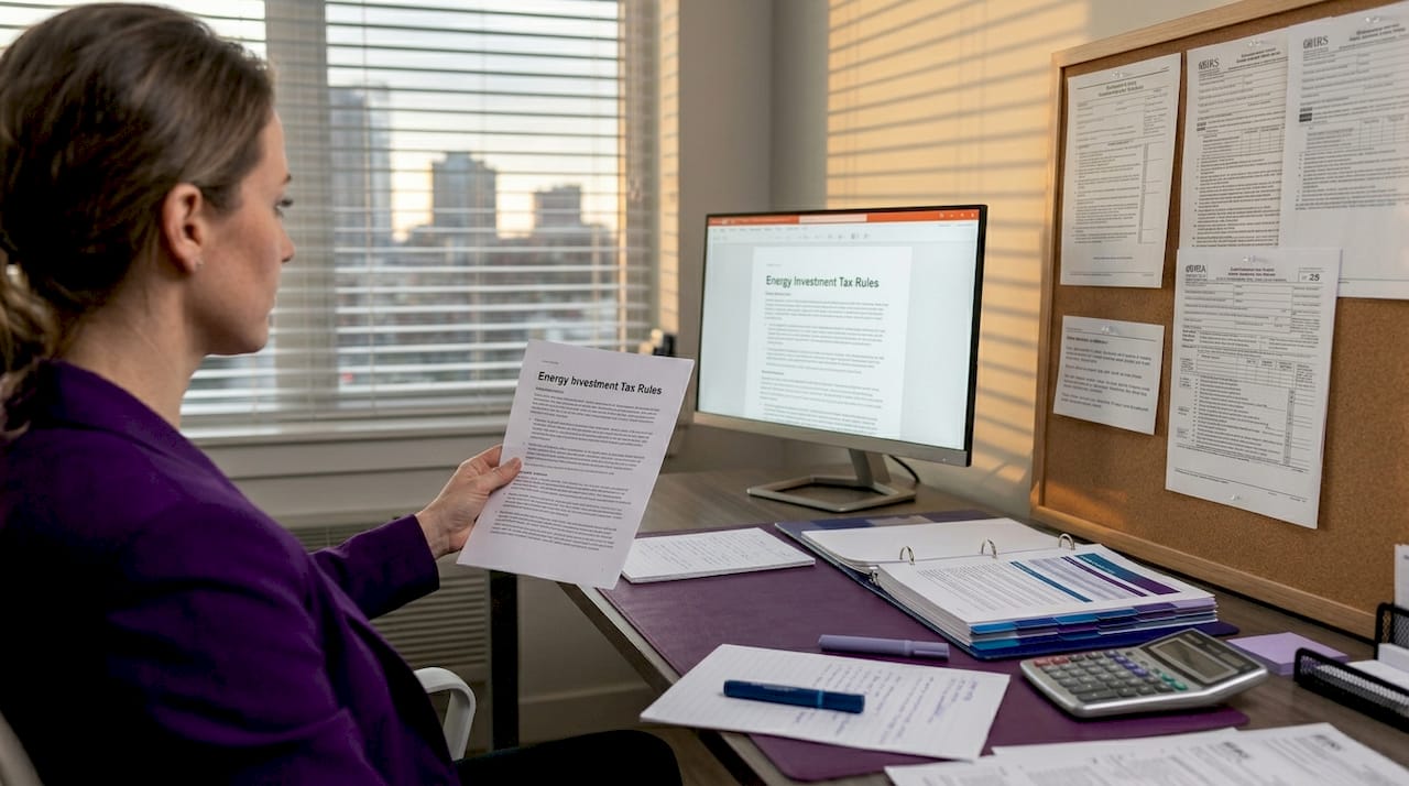 Investor reading energy tax guidance at home desk