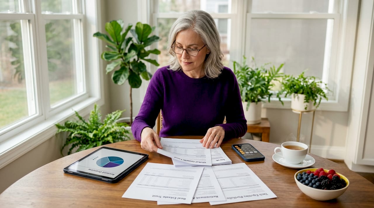 Woman sorting investment documents at kitchen table