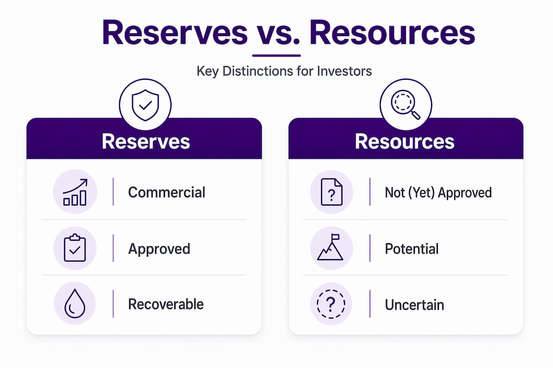 Infographic comparing reserves and resources key features