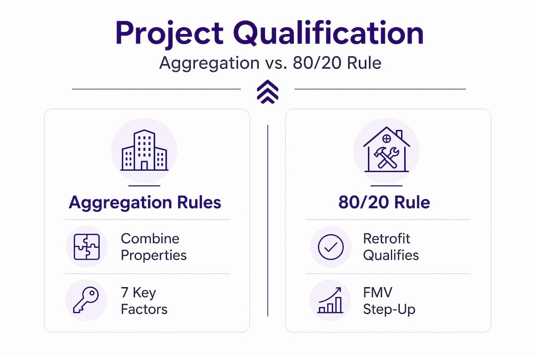 Infographic comparing aggregation rules and 80/20 rule for energy projects