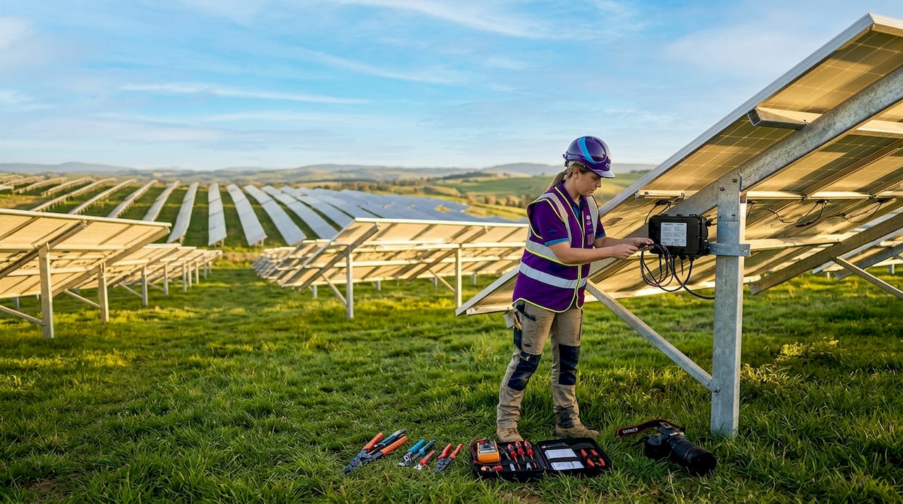 Solar energy project with technician inspecting panels