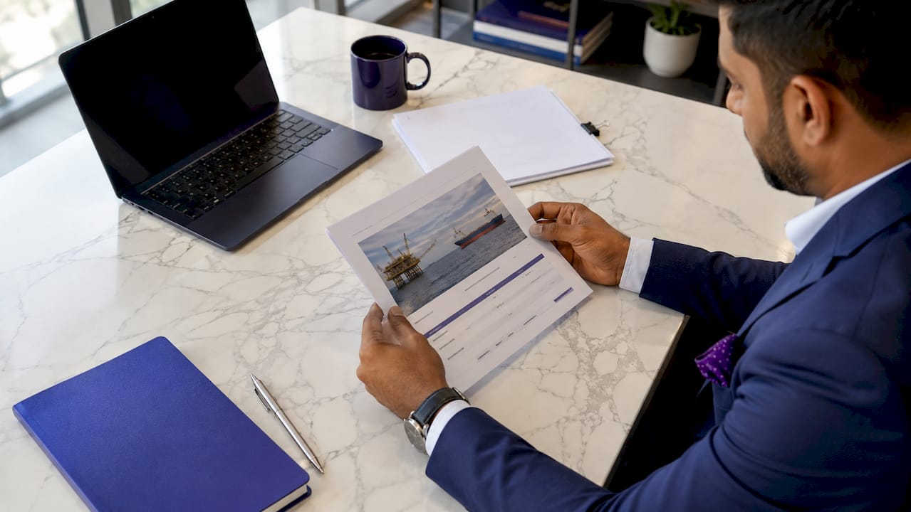 Hands examining oil deal payment papers