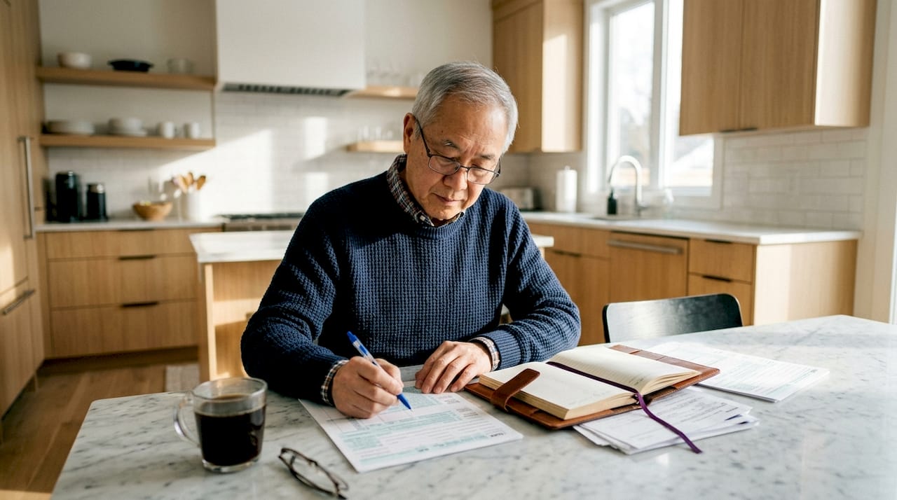 Hands filling royalty tax forms with calculator
