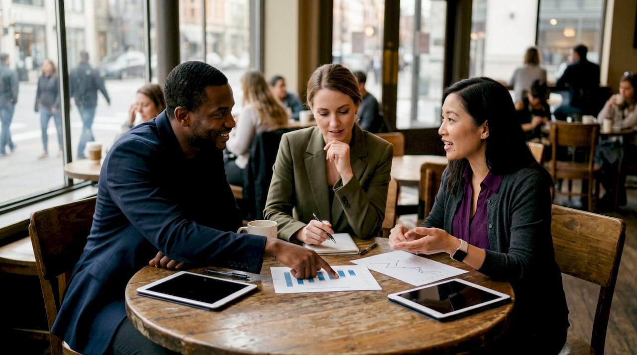 Diverse team discussing energy financial metrics