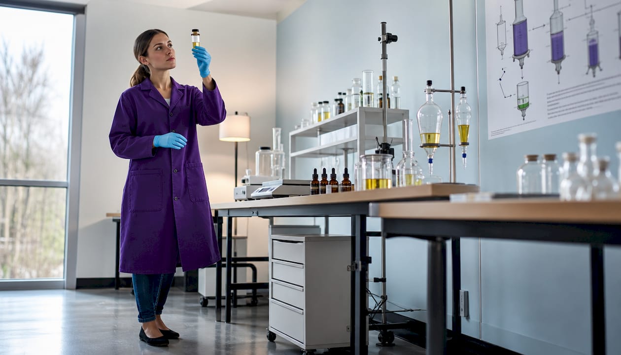 Hands holding essential oil vial in lab