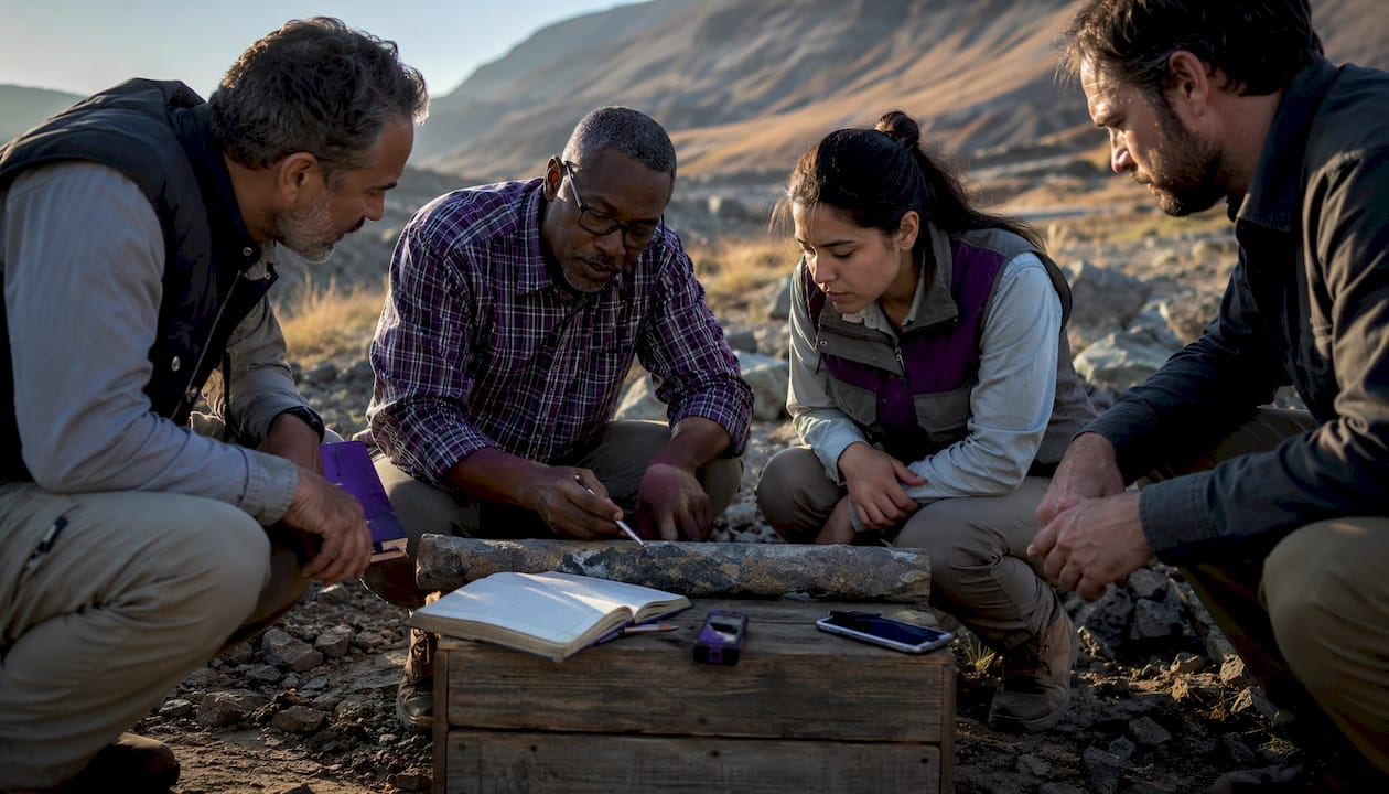 Hands holding geological core sample outdoors