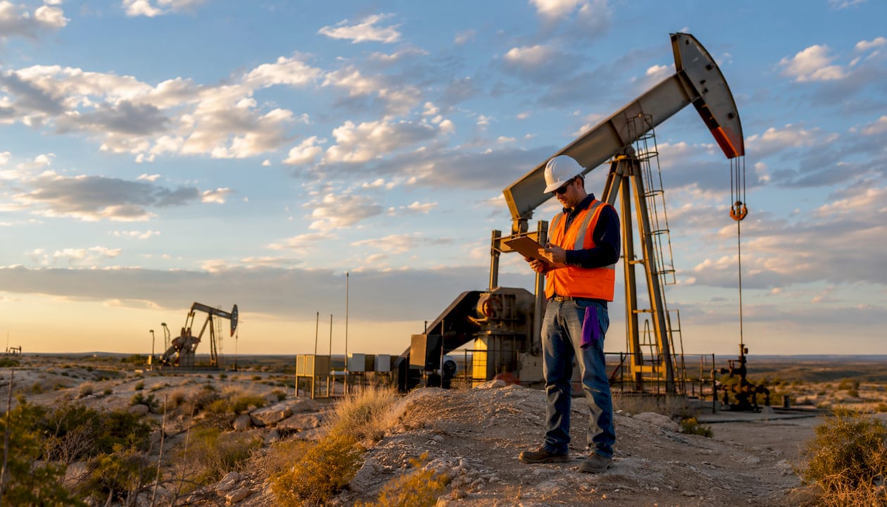 Sunrise over Texas oil field with pump jacks