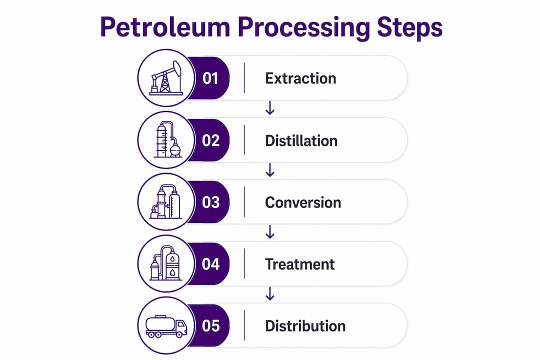 Infographic showing petroleum refining process in five steps