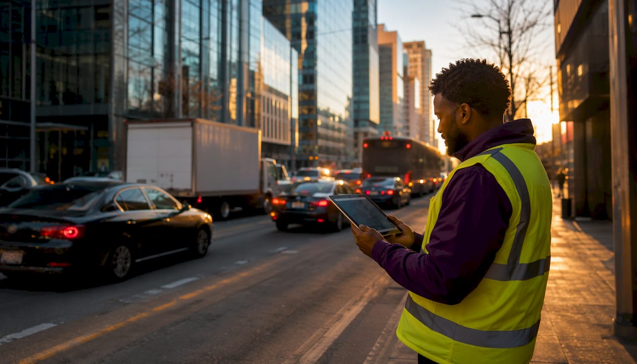 Highway with petroleum-fueled vehicles and inspector