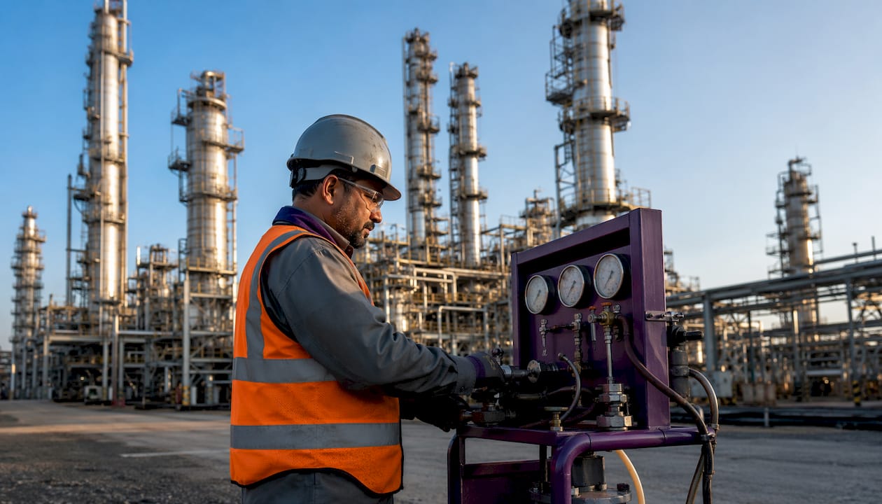 Technician monitoring refinery distillation process