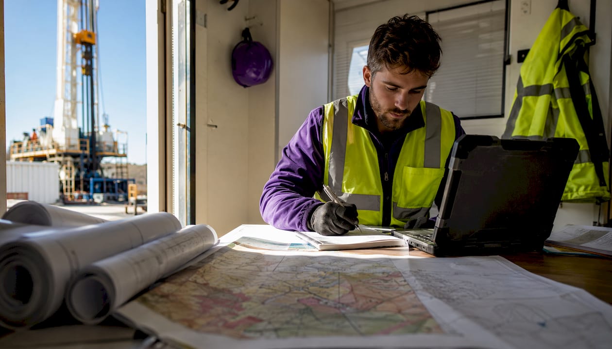 Engineer performing quantitative risk analysis on oilfield laptop