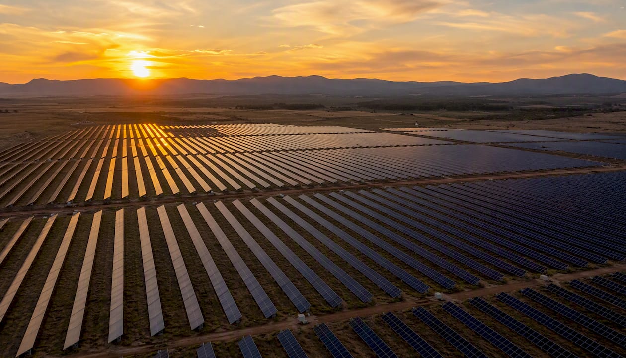 Utility-scale solar panels under clear sky