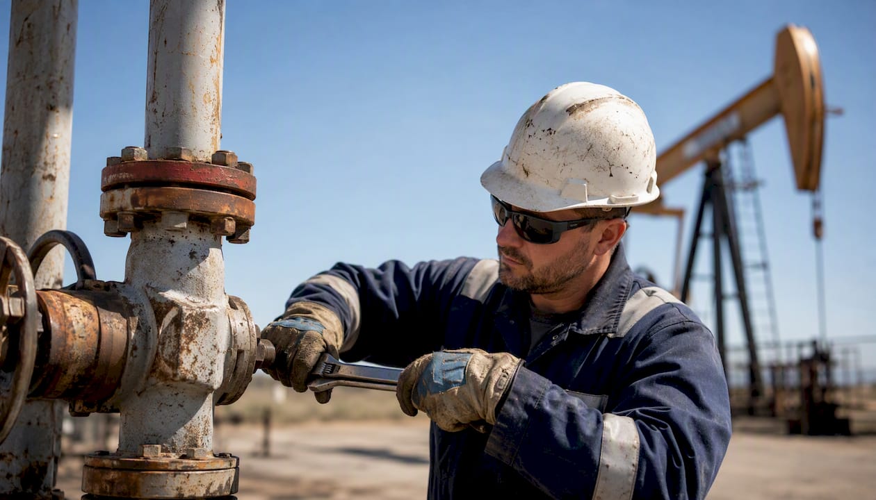 Technician adjusting oilfield valve