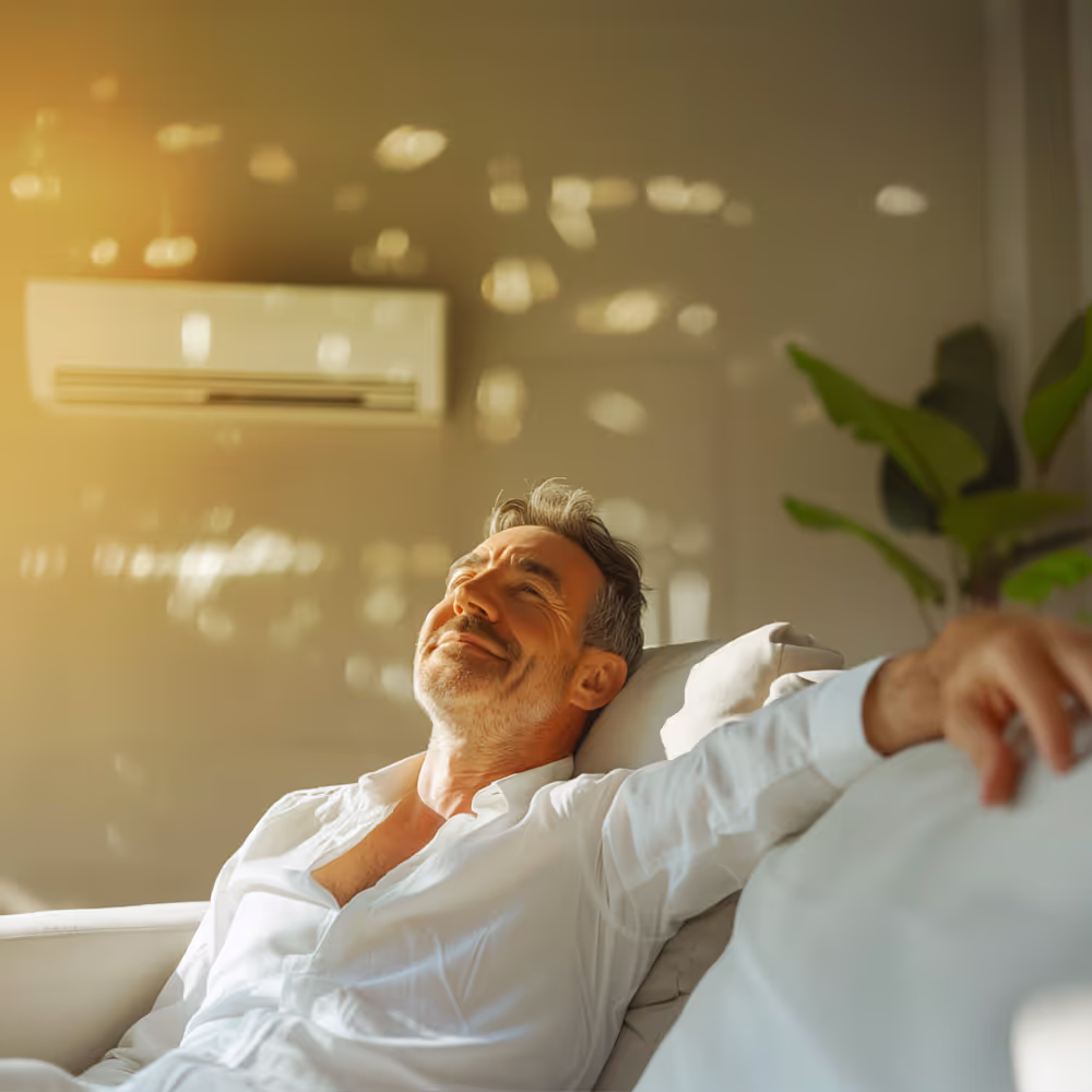 Man die op de bank ligt te genieten van de verkoeling die zijn airco biedt.